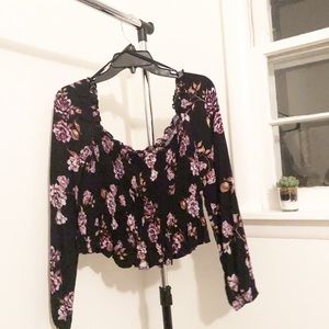 TRENDY OFF SHOULDER RIBBED FLORAL CROP TOP